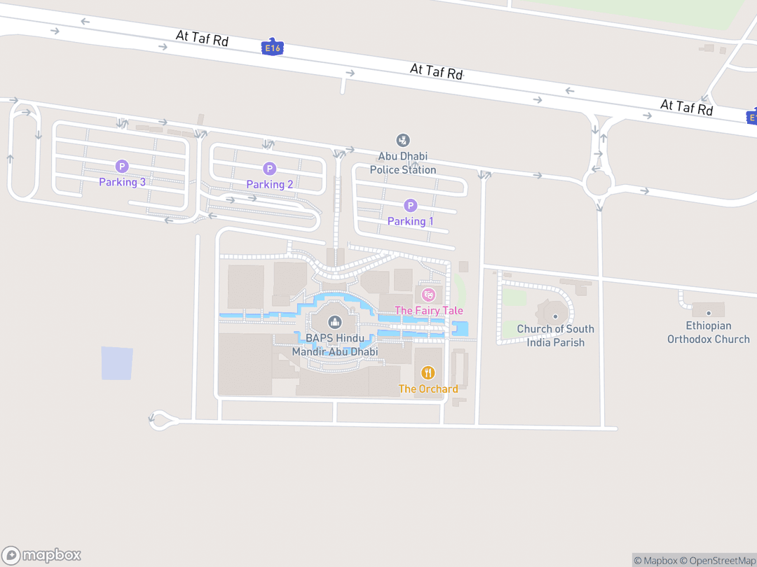 Map showing BAPS Hindu Mandir Abu Dhabi and surrounding area