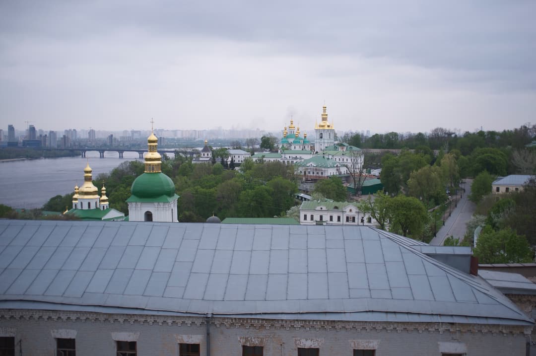 High-angle view of the Lower Lavra domes and Dnipro River