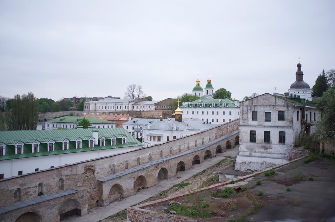 Elevated view of the historic defensive walls and monastery buildings