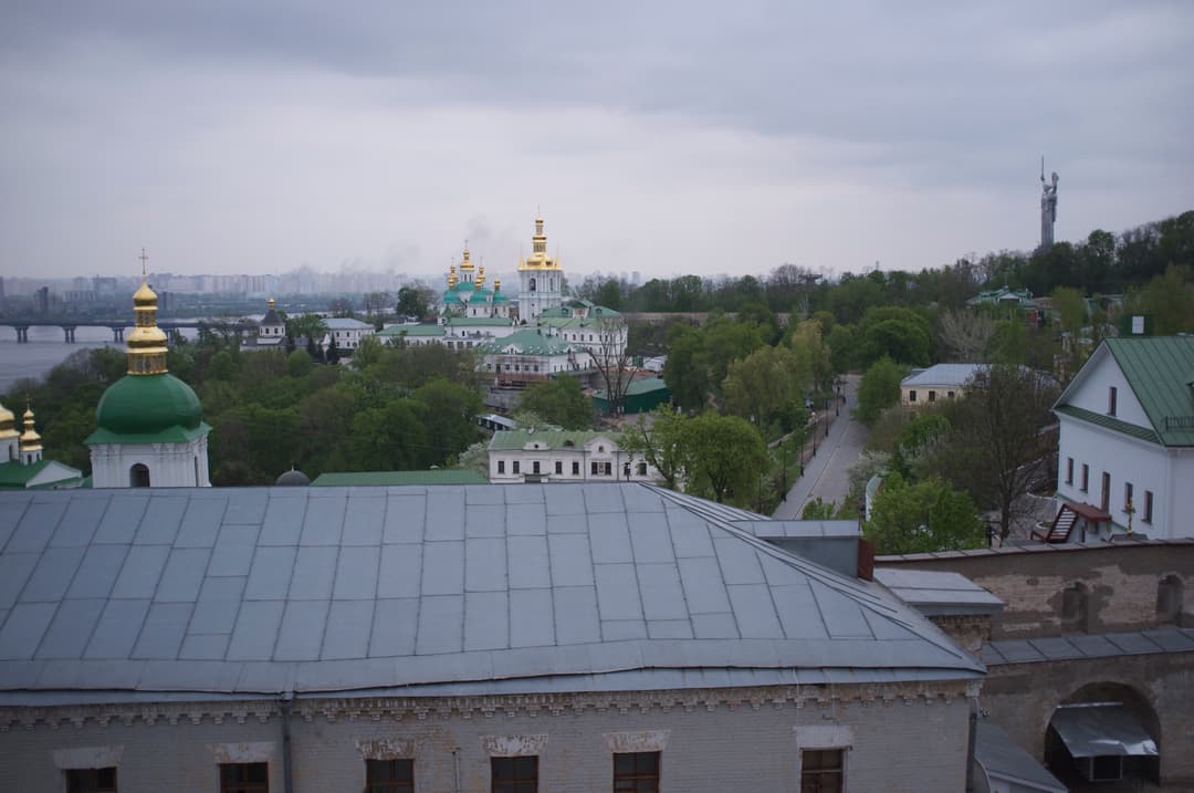 Elevated view of the Kyiv Pechersk Lavra grounds and Lower Lavra domes.
