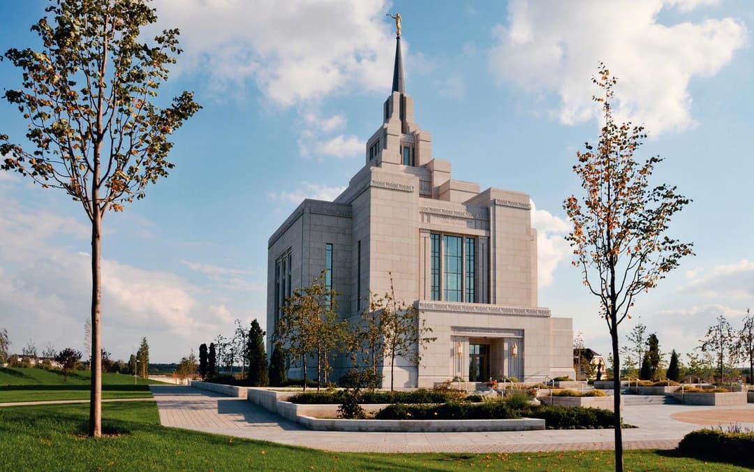 Daytime exterior view of the Kyiv Ukraine Temple and surrounding grounds.