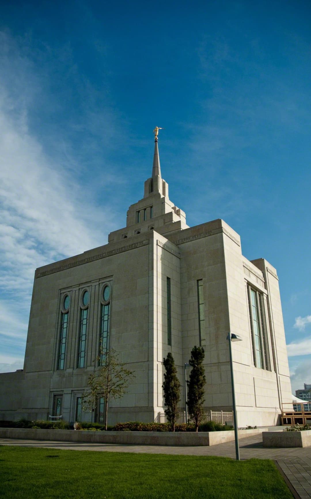 Low-angle exterior view of the Kyiv Ukraine Temple and central spire.