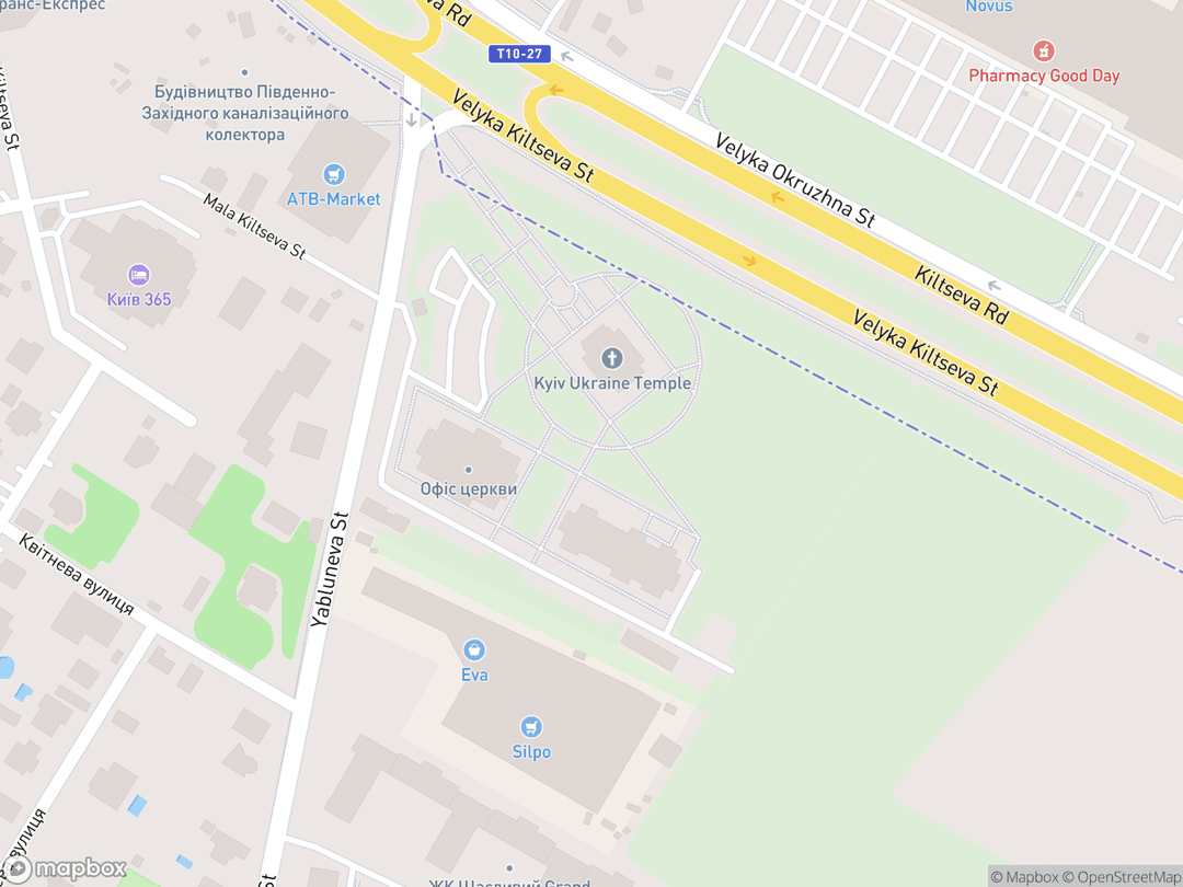 Map showing Kyiv Ukraine Temple and surrounding area