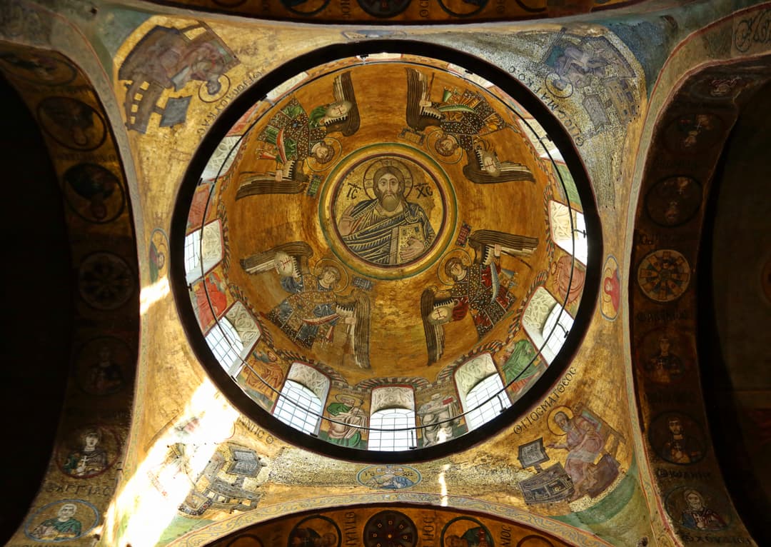 Interior view of the central dome with Christ Pantocrator mosaic