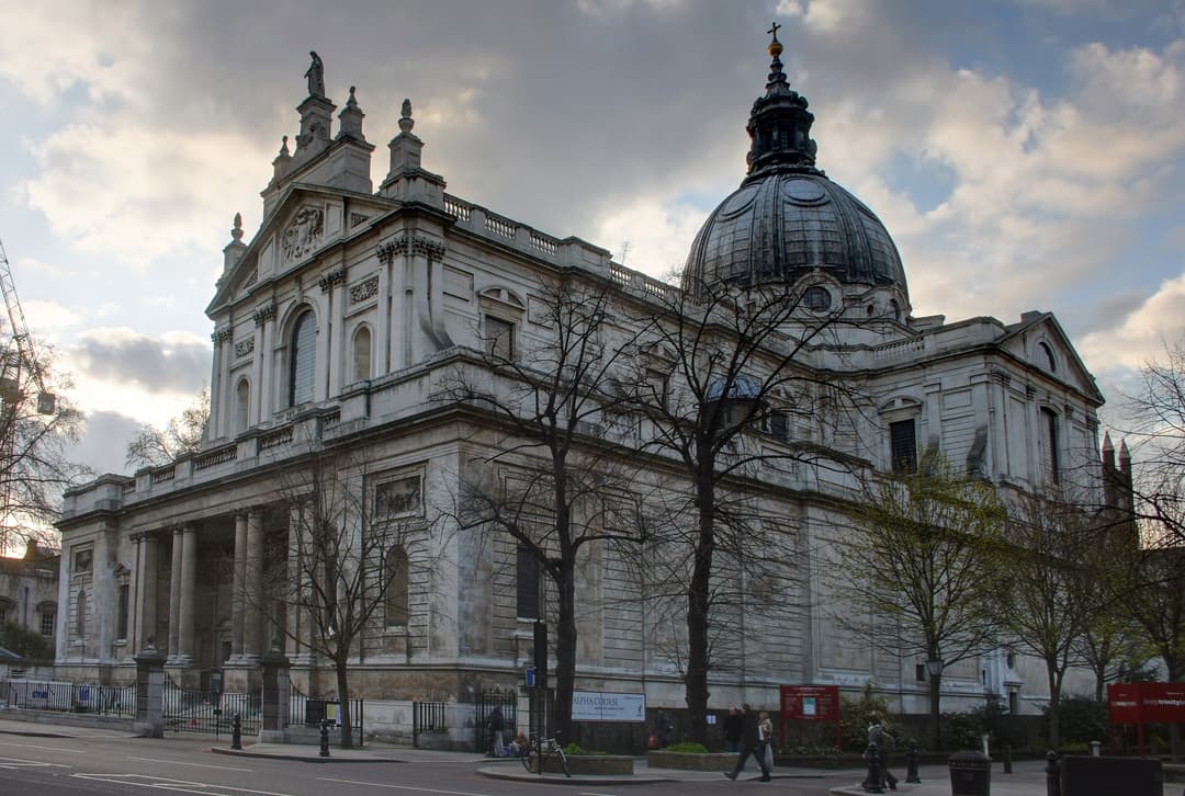 Exterior view of the facade and dome of the Brompton Oratory, London.