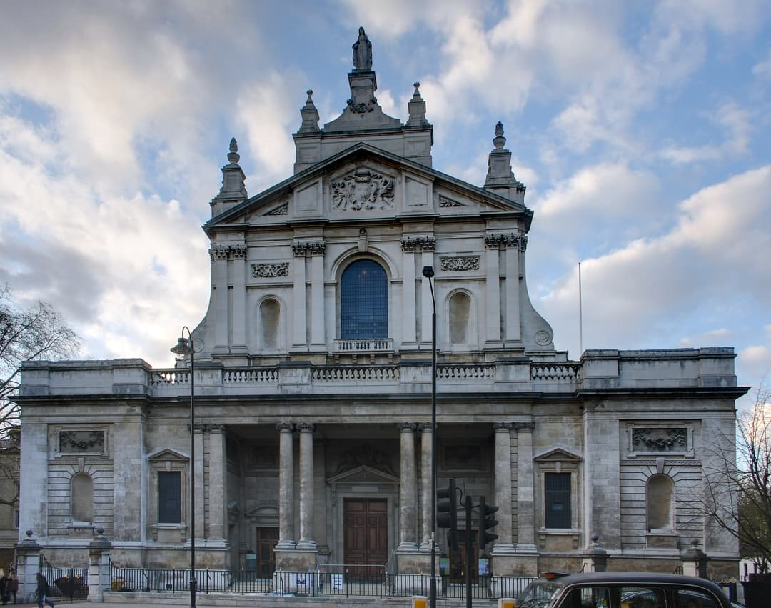 Front exterior facade of the Brompton Oratory, London.