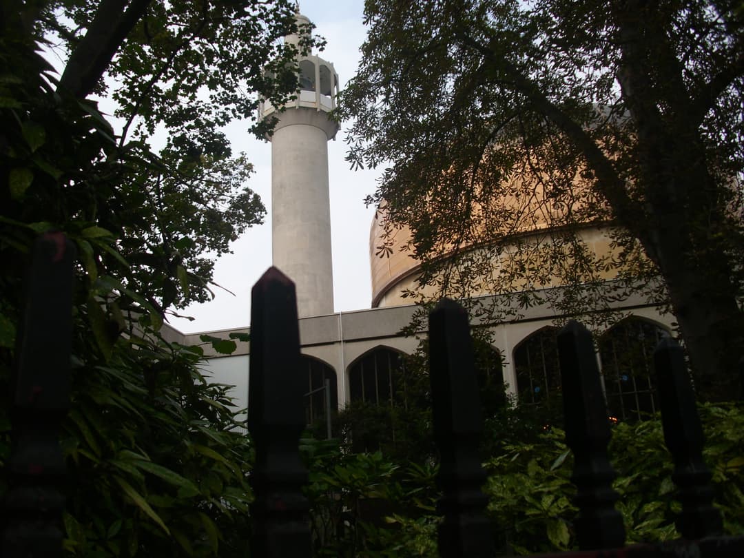 Minaret and golden dome viewed through trees and iron fence posts.