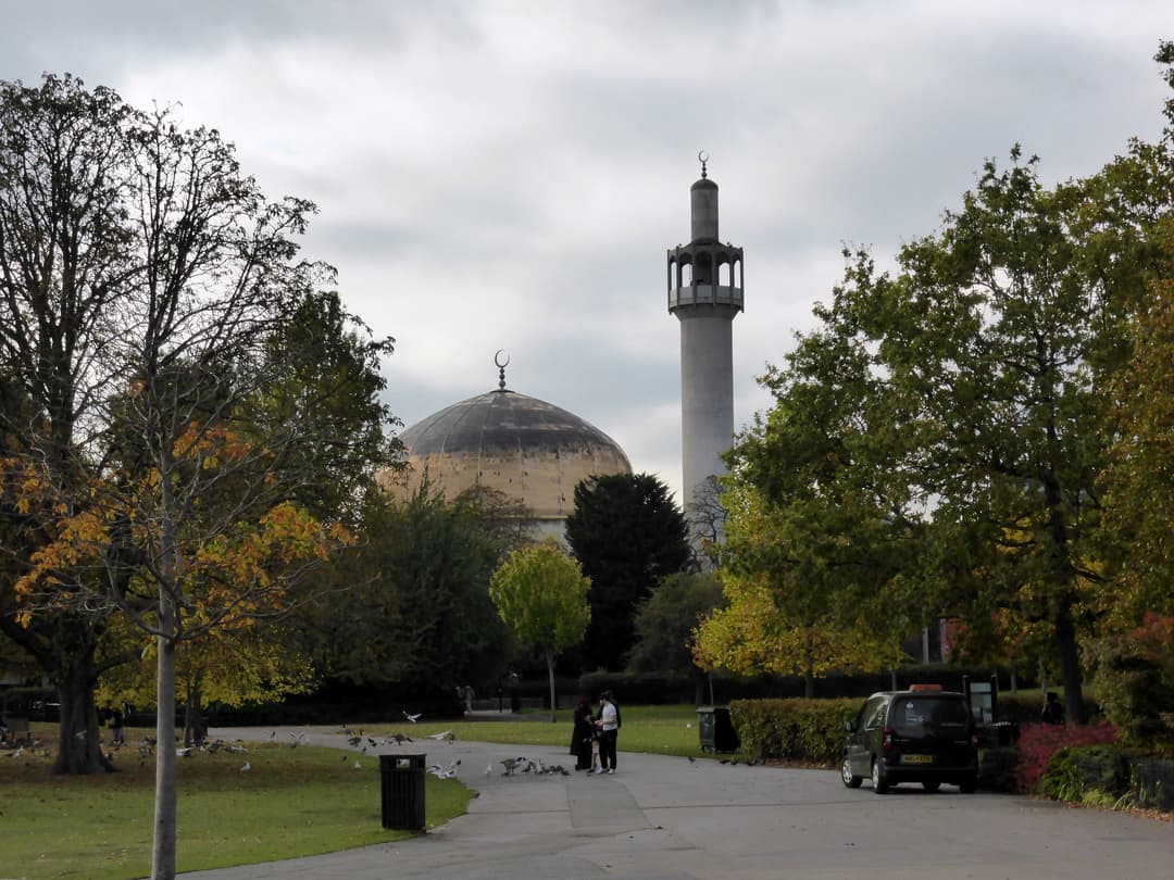 View of the golden dome and minaret through Regent's Park autumn trees.