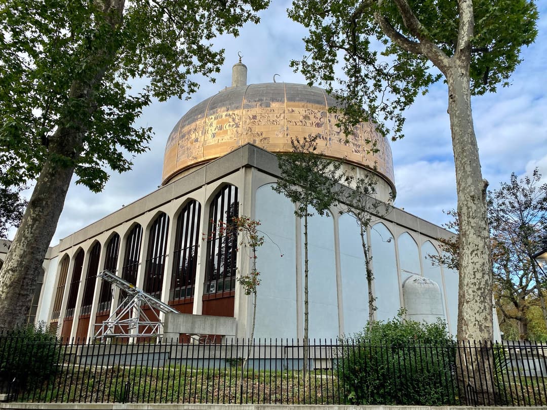 Low-angle view of the London Central Mosque's golden dome framed by trees.