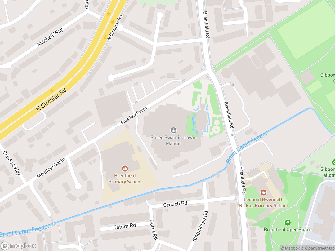 Map showing BAPS Shri Swaminarayan Mandir London and surrounding area
