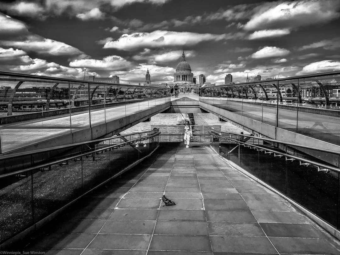 Monochrome view of St. Paul's Cathedral dome framed by Millennium Bridge.