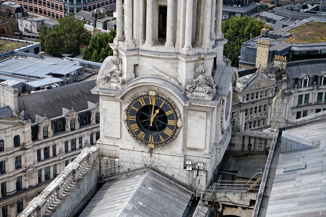 High-angle exterior view of the clock tower at St. Paul's Cathedral.