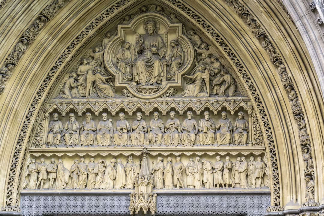 Carved Gothic tympanum depicting Christ in Majesty, Westminster Abbey.