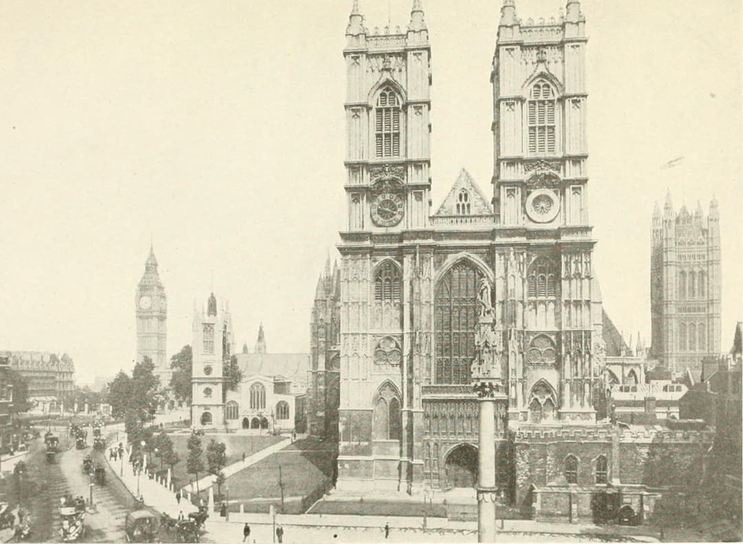 Wide-angle exterior view of the west front of Westminster Abbey.