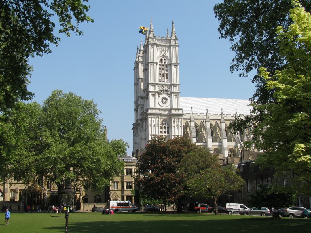 Exterior view of Westminster Abbey's west towers from Dean's Yard.