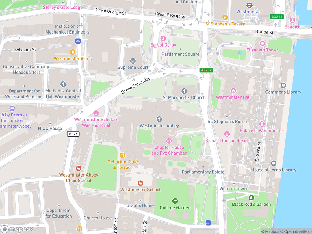 Map showing Westminster Abbey (Collegiate Church of St Peter) and surrounding area