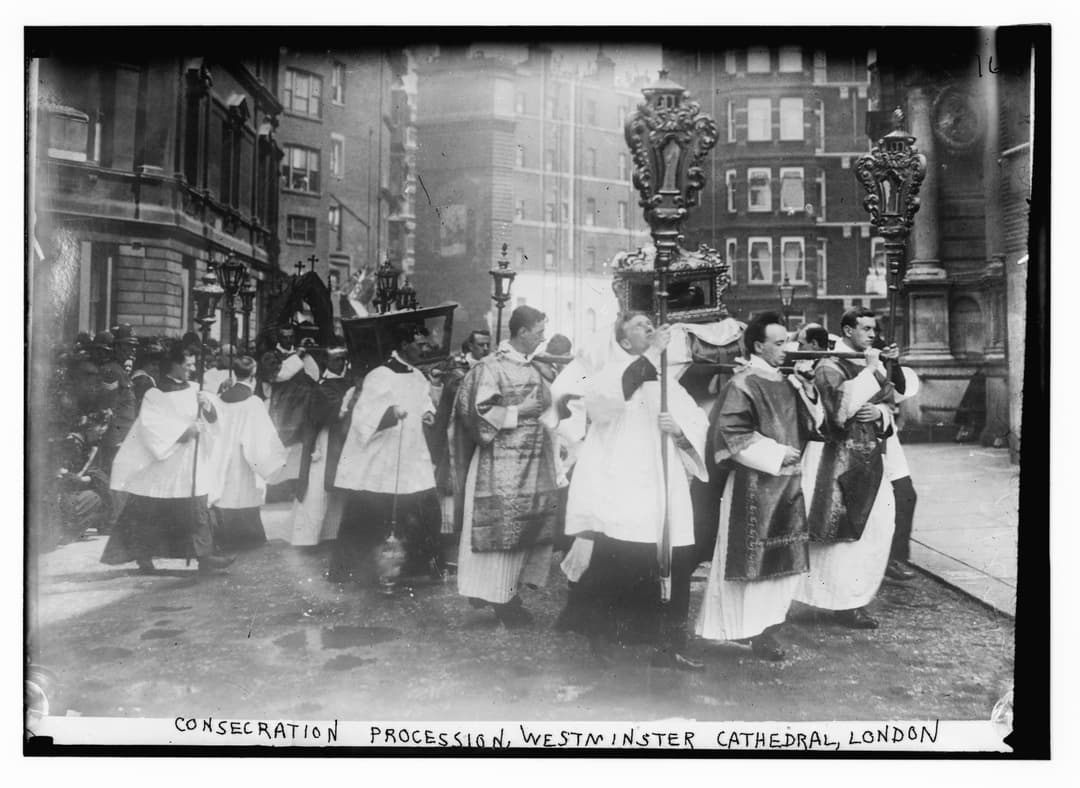 Consecration procession of clergy outside Westminster Cathedral, London.