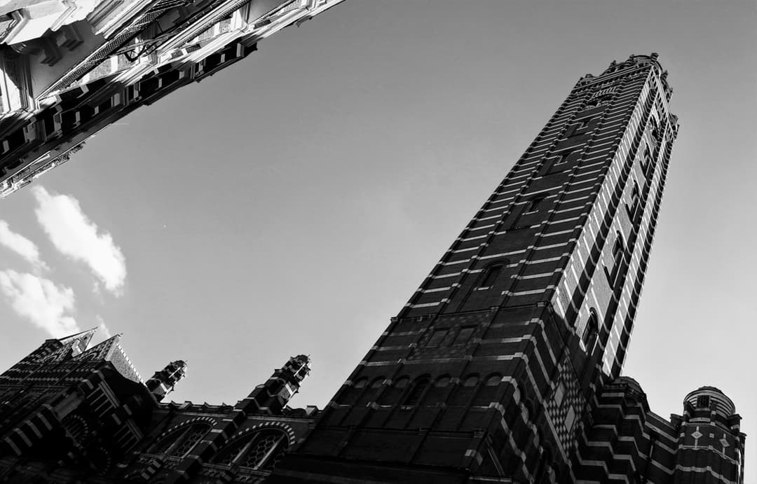 Dramatic low-angle view of the campanile at Westminster Cathedral.