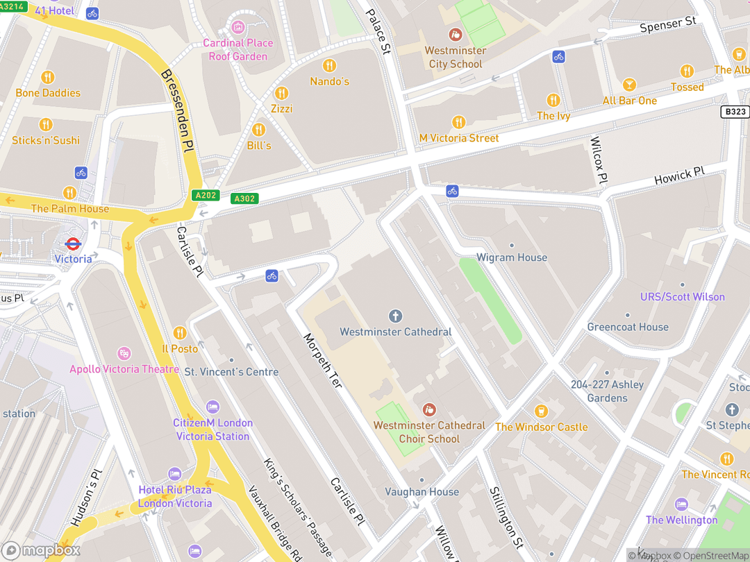 Map showing Westminster Cathedral and surrounding area