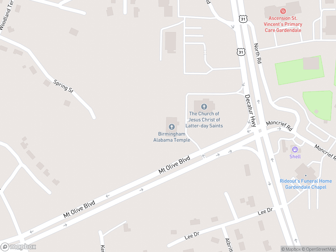 Map showing Birmingham Alabama Temple and surrounding area