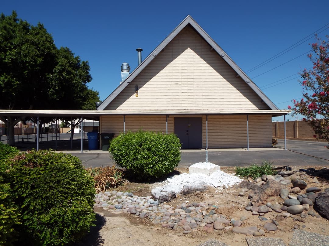 Gable elevation and desert landscaping on the temple grounds