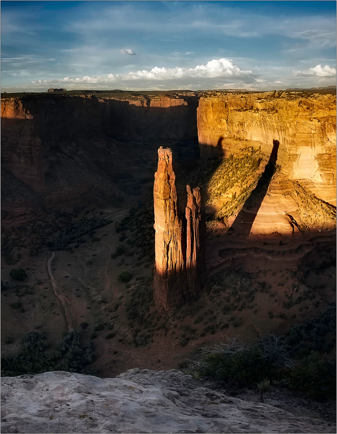 Elevated view of Spider Rock at golden hour, Canyon de Chelly.