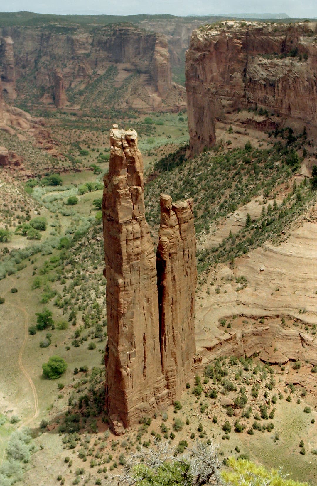 High-angle daylight view of Spider Rock spire in Canyon de Chelly.