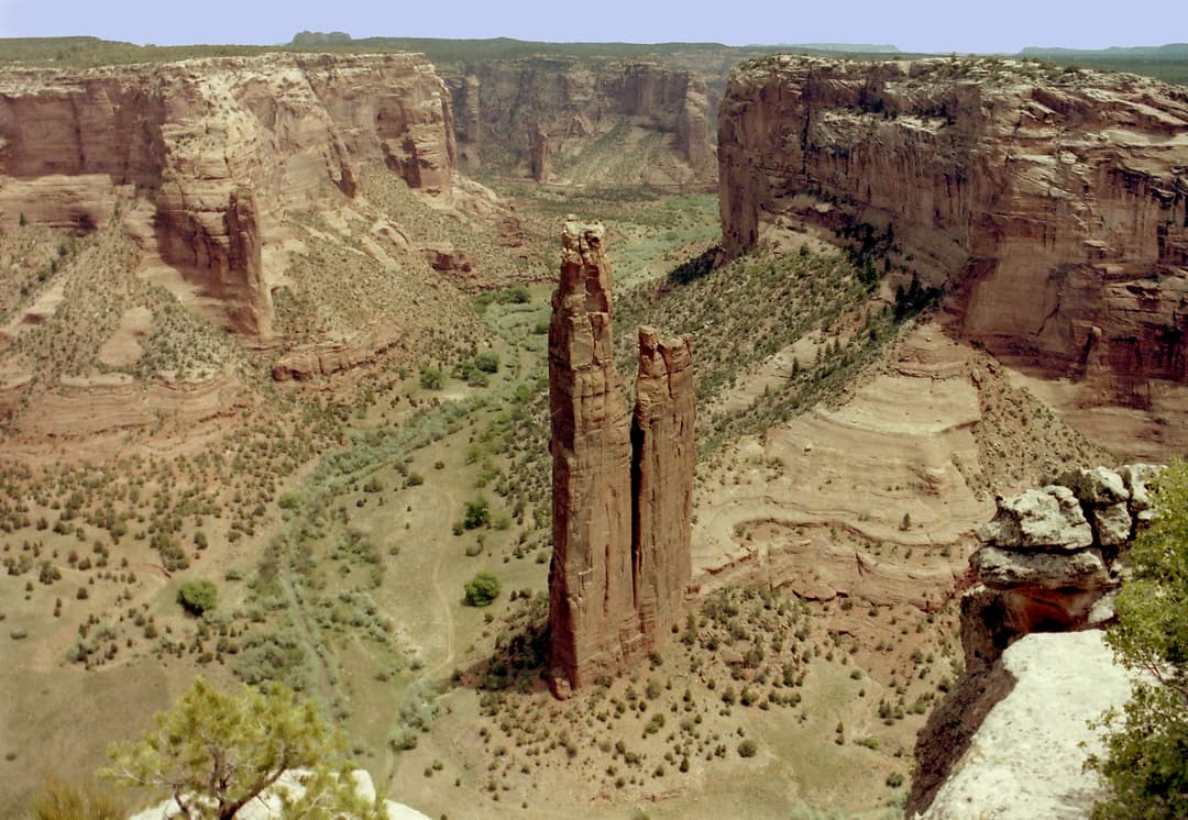 Elevated view of Spider Rock rising from the Canyon de Chelly floor.