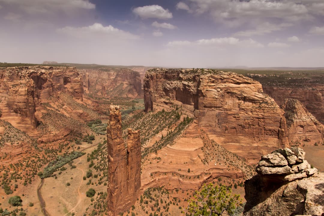 High-angle view of Spider Rock rising from the Canyon de Chelly floor.