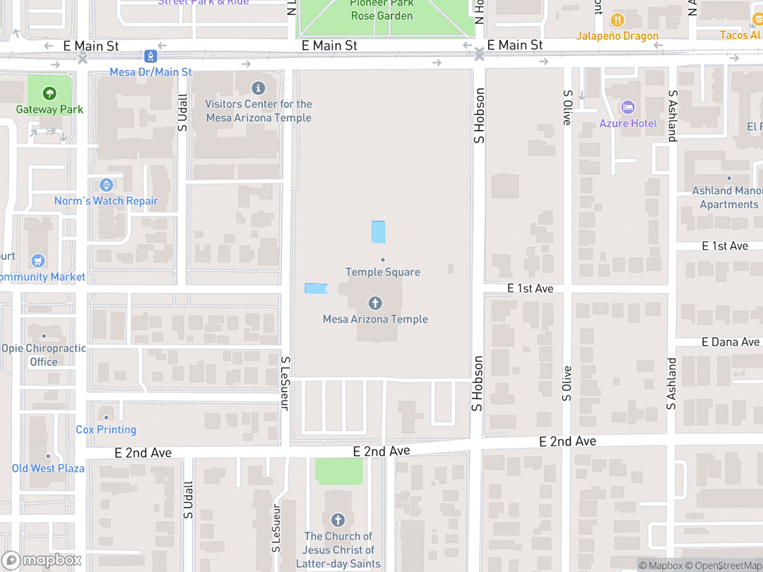 Map showing Mesa Arizona Temple and surrounding area