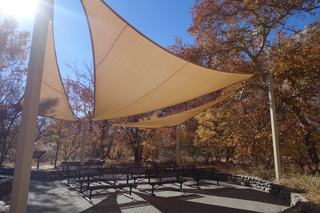 Shaded outdoor seating area with benches surrounded by fall foliage.