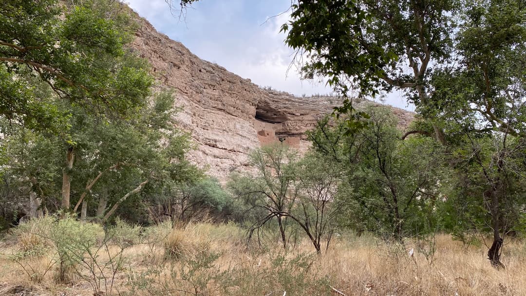 Wide-angle view of Montezuma Castle cliff dwelling framed by trees.