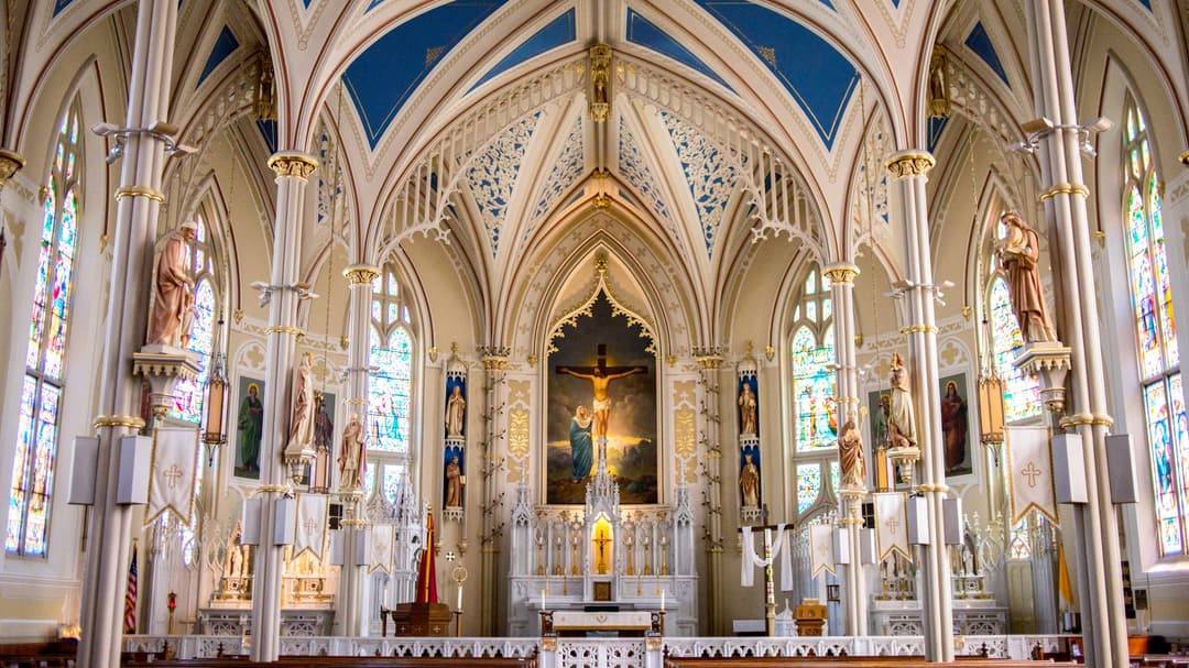 Interior view of the sanctuary and high altar at St. Mary's Basilica.