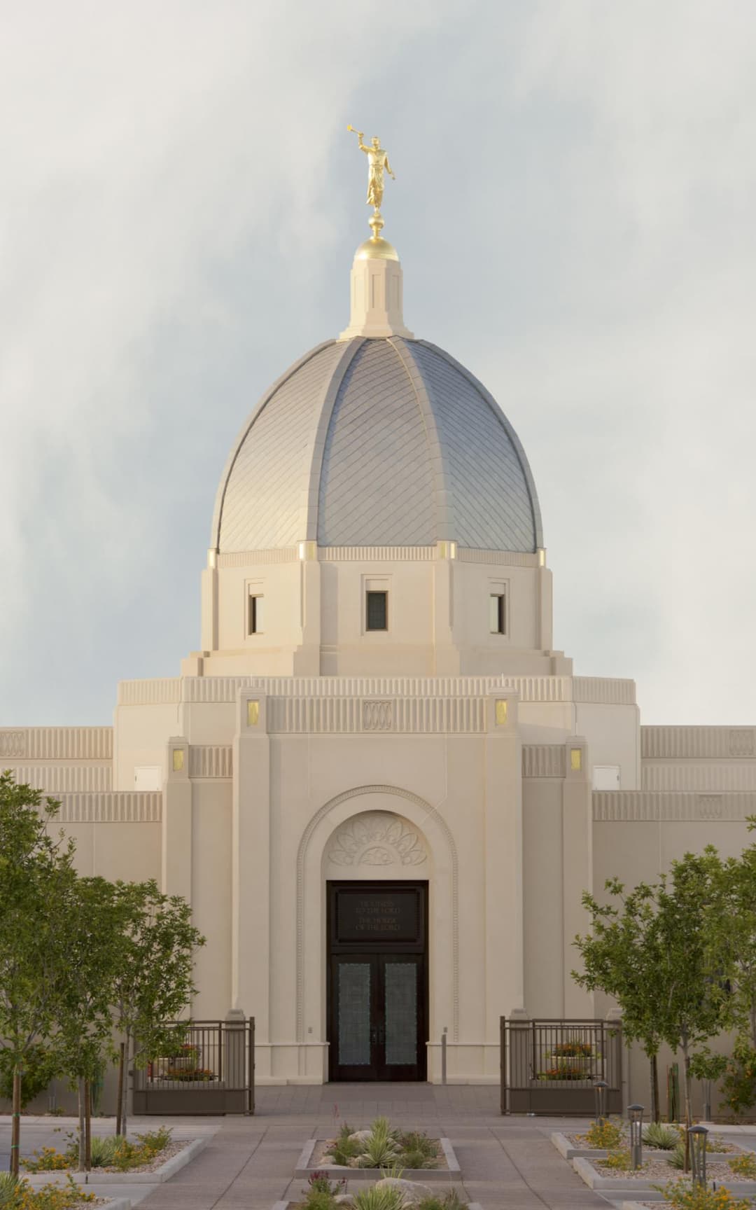Front entrance and central dome of the Tucson Arizona Temple.