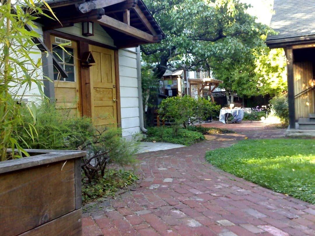 Courtyard garden and brick pathway at the Berkeley Zen Center.
