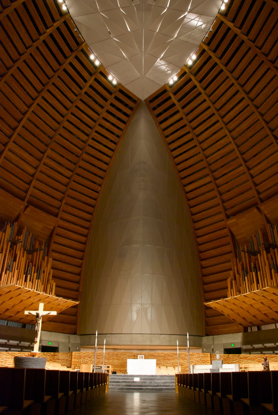 Interior view of the sanctuary and altar from the central aisle.