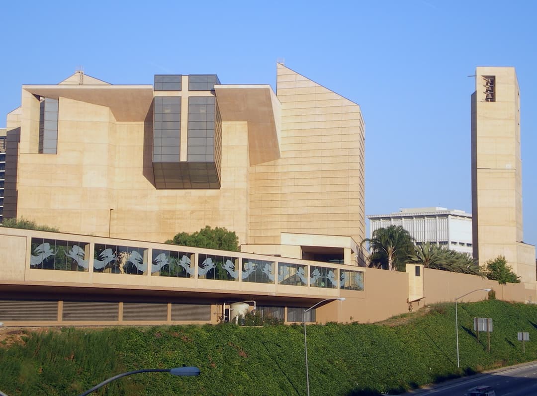 Exterior view of the Cathedral of Our Lady of the Angels and bell tower.