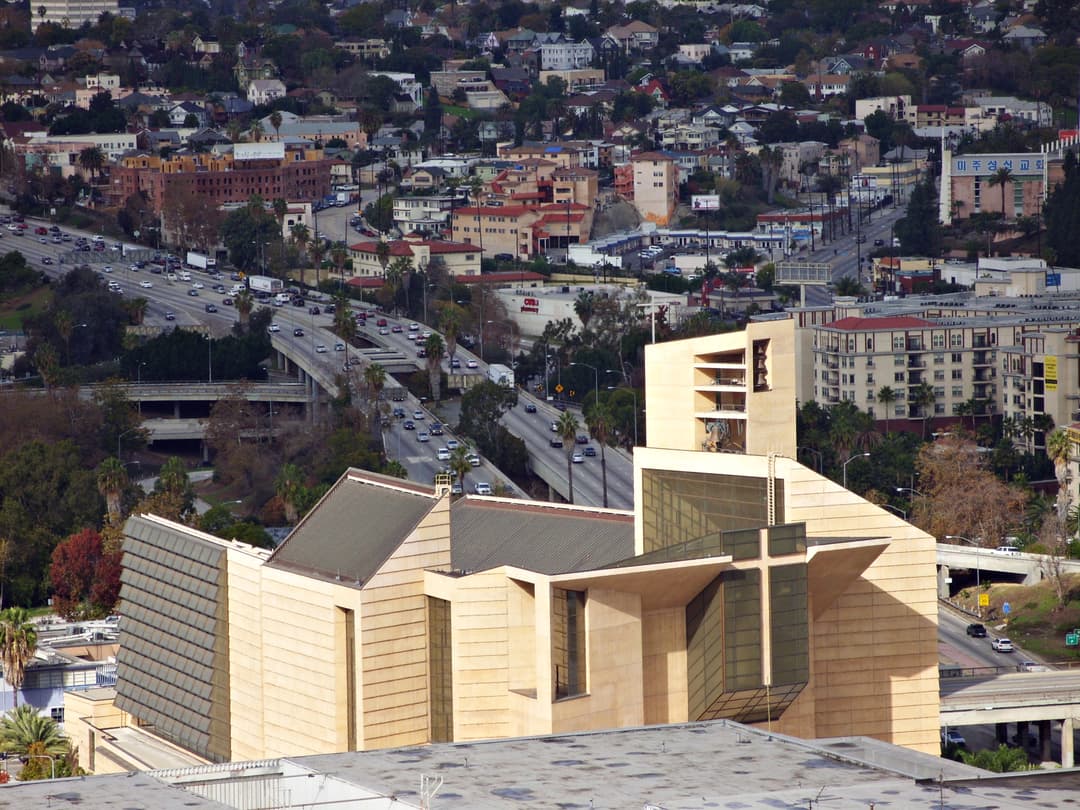 High-angle view of the Cathedral of Our Lady of the Angels in Los Angeles.