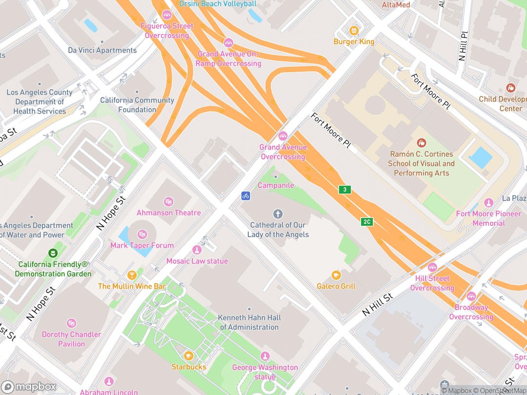 Map showing Cathedral of Our Lady of the Angels and surrounding area