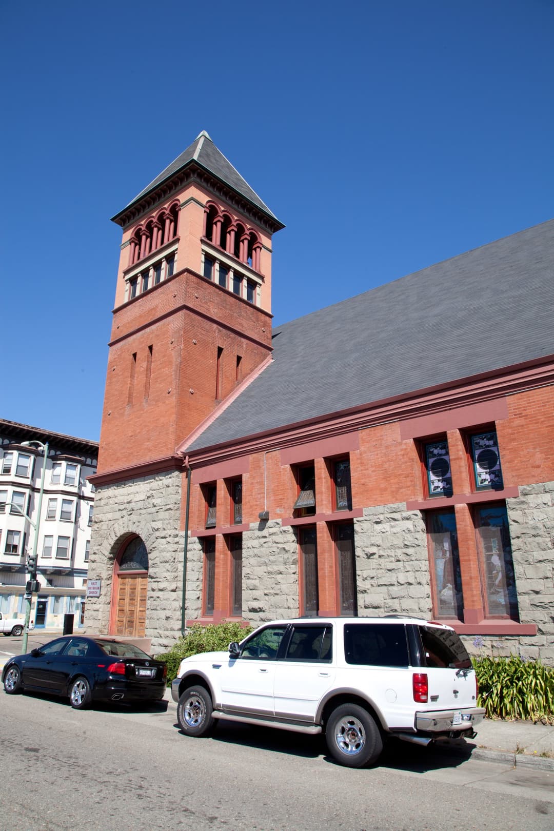 Exterior street view of the bell tower and front facade