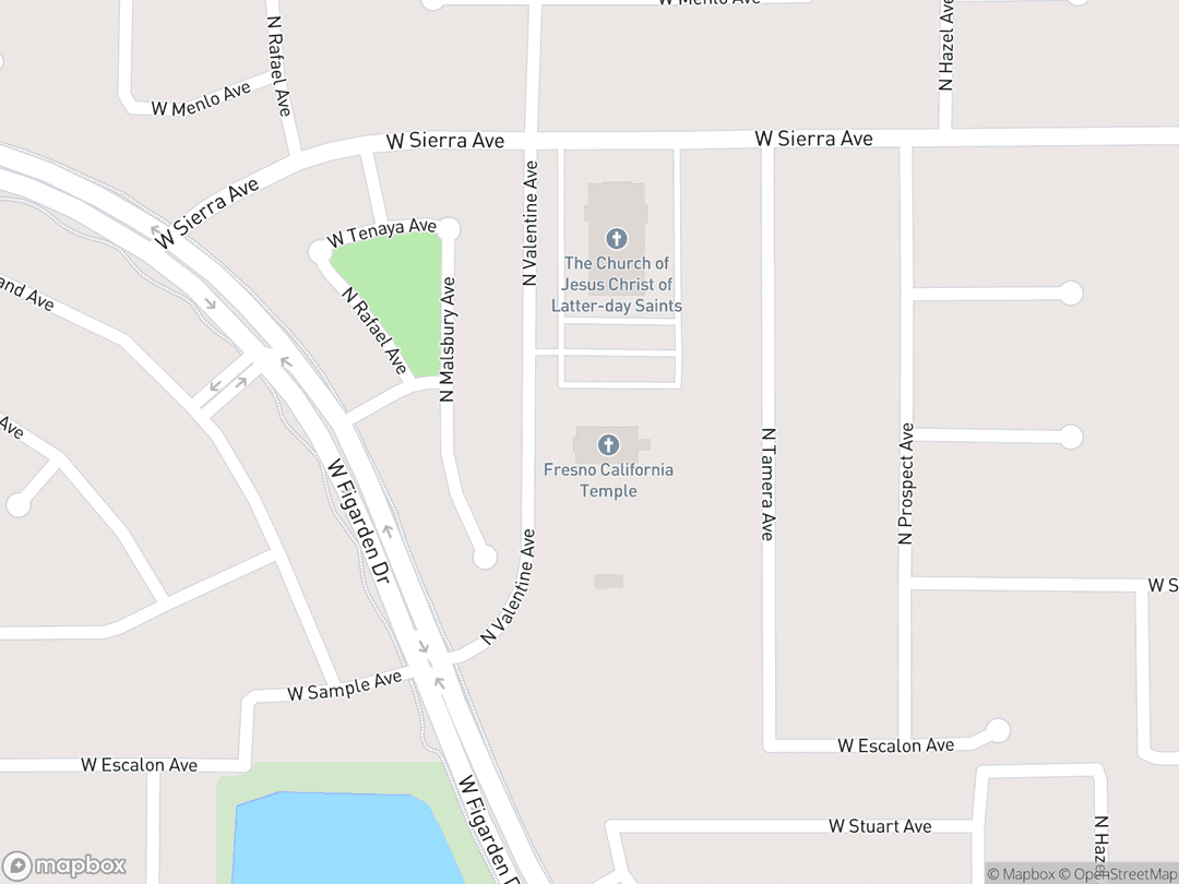 Map showing Fresno California Temple and surrounding area