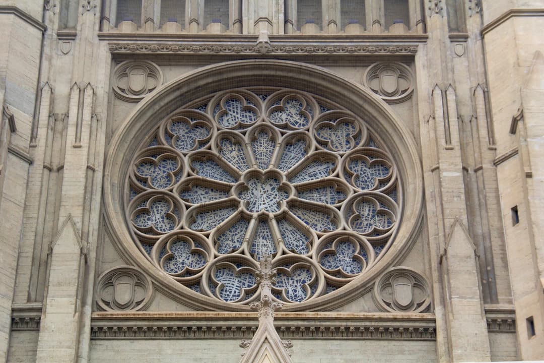 Exterior detail of the Gothic rose window at Grace Cathedral.