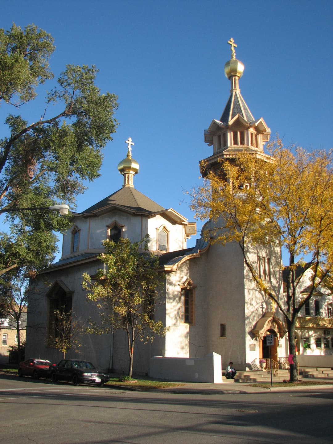 Exterior view of the cathedral and bell tower with gilded onion domes