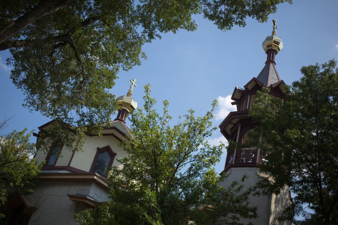 Golden onion domes and bell tower framed by tree branches.