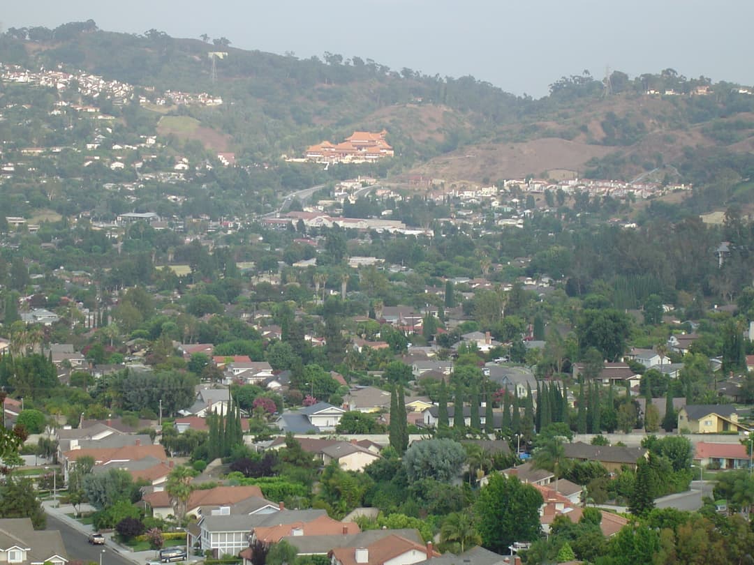 Distant view of Hsi Lai Temple nestled in the hills of Hacienda Heights.