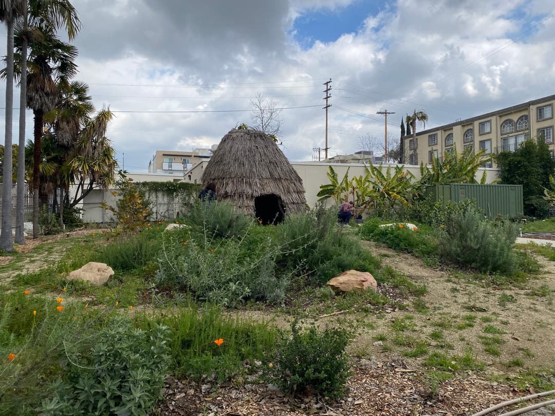 Traditional thatched hut and native garden at Kuruvungna Sacred Springs.