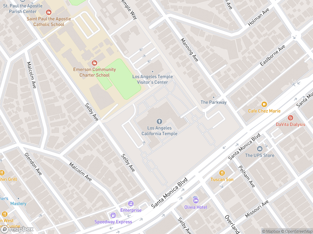 Map showing Los Angeles California Temple and surrounding area