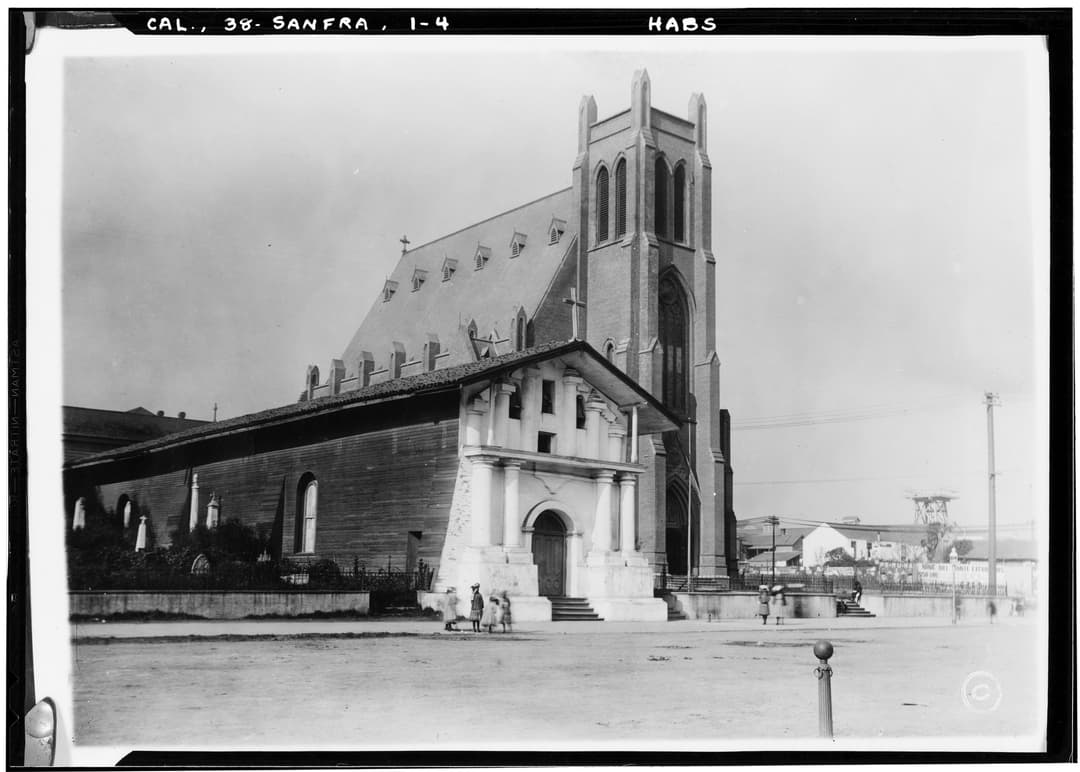 Exterior view of the Mission Dolores chapel and adjacent parish church.