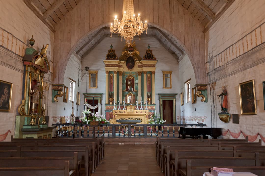 Interior view facing the main altar at Mission San José.