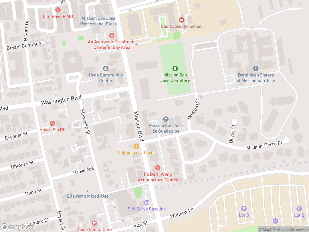 Map showing Mission San José and surrounding area